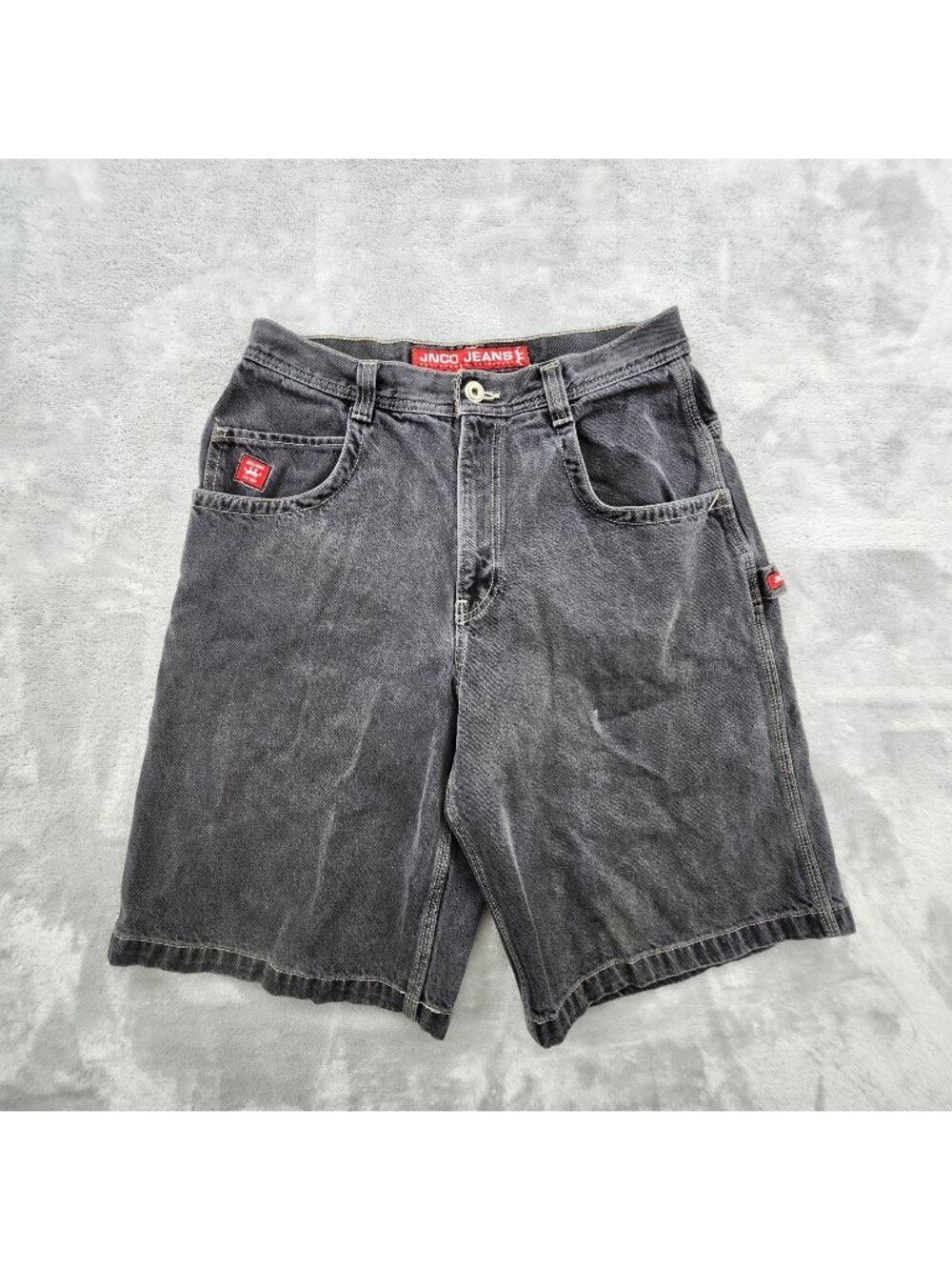 Vintage JNCO Carpenter Denim Shorts 33 Baggy Y2k Red Crown Streetwear Grunge